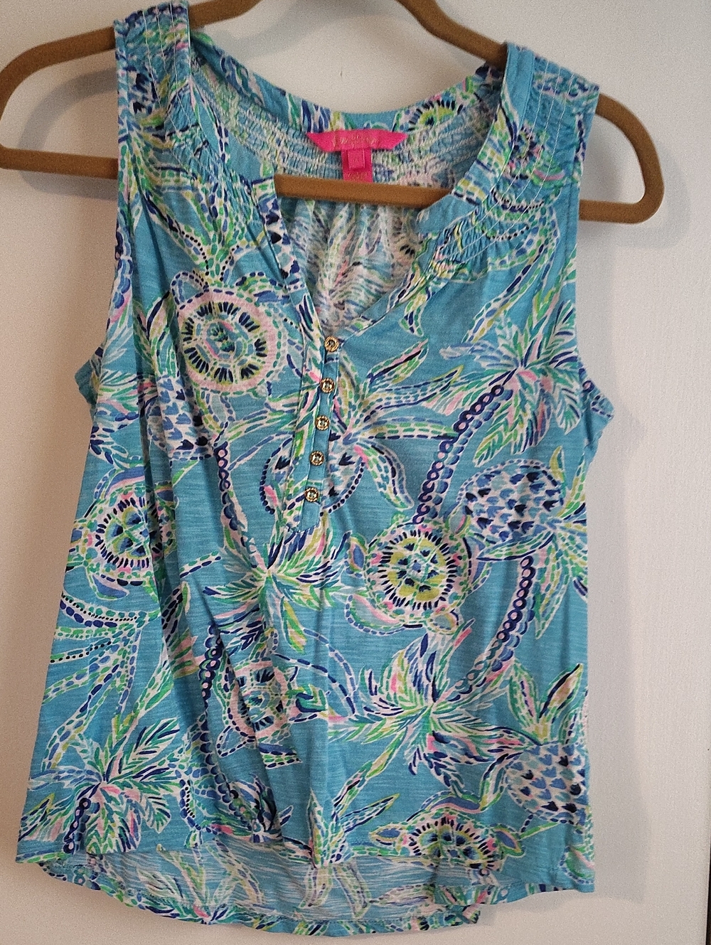 Lilly Pulitzer Turquoise Floral Sleeveless Henley Tank
